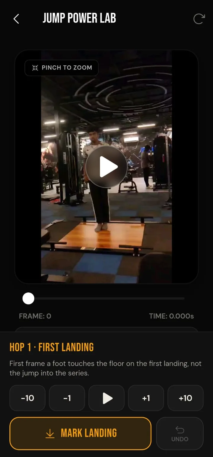 SpeedTrackr Jump Power Lab stepping through a hops video frame by frame to mark the first landing for RSI